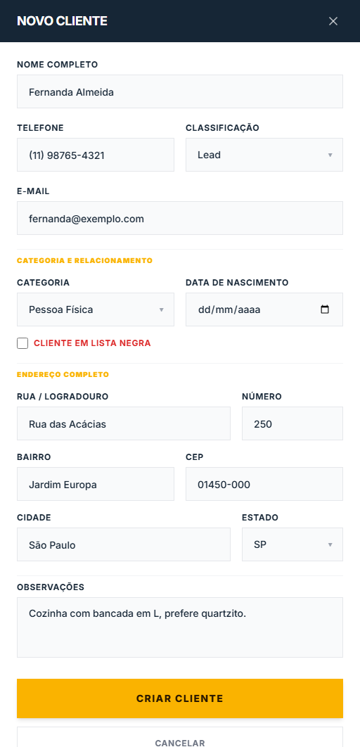 Formulário de Novo cliente preenchido. Dados de exemplo.