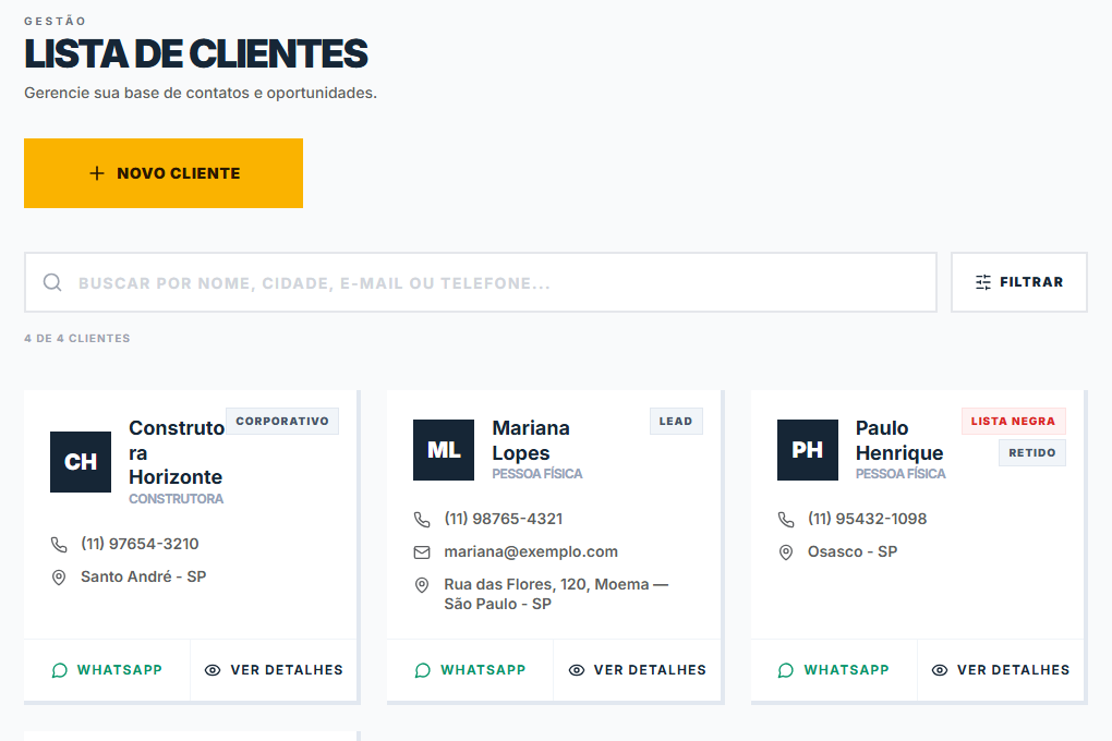 Lista de Clientes, com busca, filtro e o botão Novo cliente.