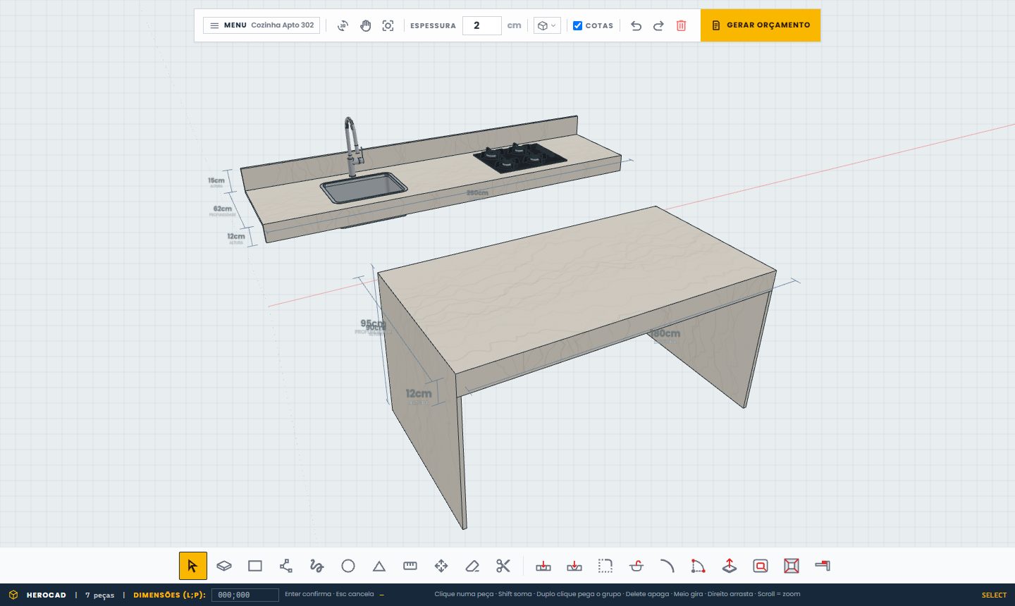 Tela do HEROCAD com bancada de pia, cuba, cooktop e ilha desenhadas em 3D, com cotas