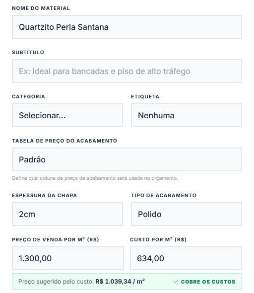 Cadastro do material: preço de venda e custo por m², com preço sugerido. Dados de exemplo.