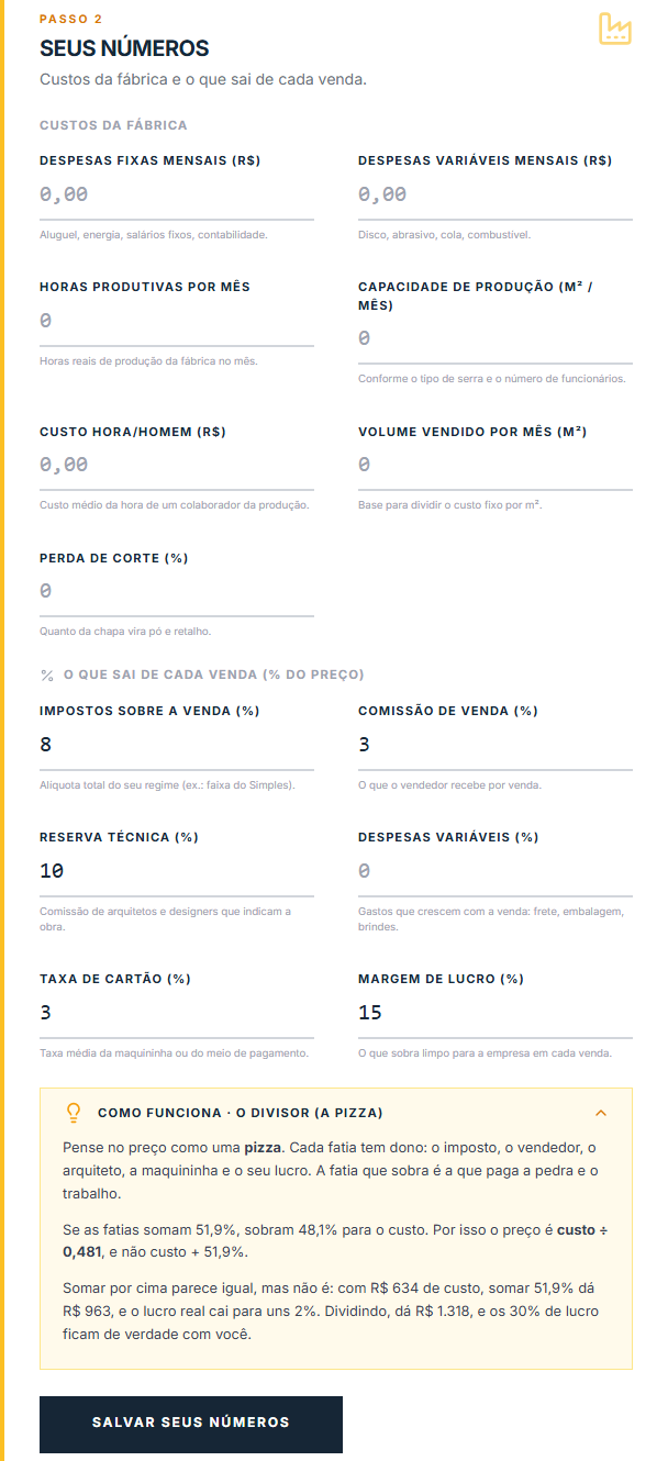 Passo 2: seus números e o que sai de cada venda.